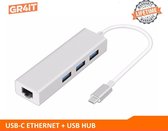 GR4IT USB-C naar Ethernet Lan Netwerk Adapter + USB Hub - max 1000 mbps - Gigabit Ethernet- USB 3.0 - Zilver