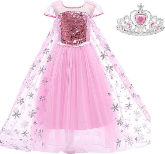 Elsa jurk Sneeuwvlok Luxe prinsessen jurk roze 104-110 (110) + roze kroon  verkleedkleding | bol.com