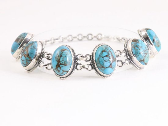 Zware bewerkte zilveren armband met grote blauwe koperturkoois stenen |  bol.com