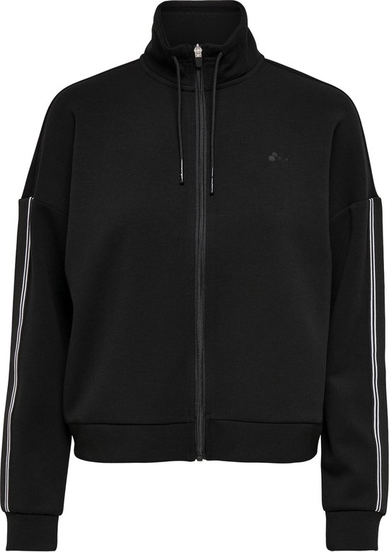 Zwarte sporttrui met rits, hoge kraag, lange mouwen en witte strepen op de mouwen.