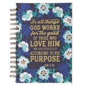 Christian Art Gifts Journal W/Scripture in All Things Romans 8:28 Bible Verse Blue Floral 192 Ruled Pages, Large Hardcover Notebook, Wire Bound