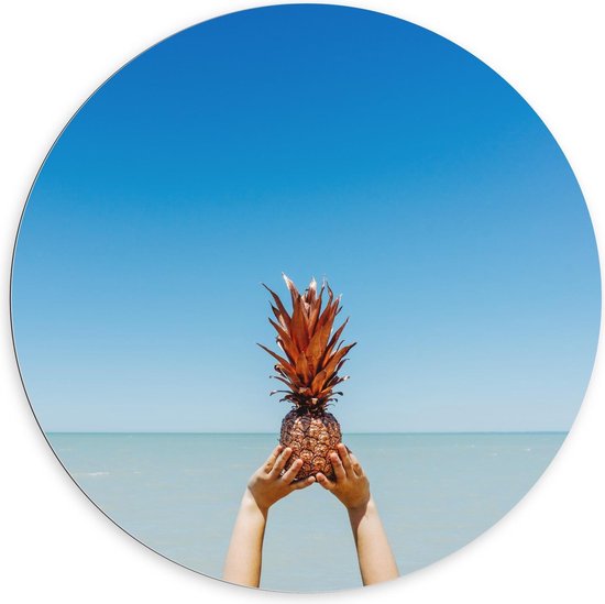 Dibond Wandcirkel - Gouden Ananas bij Zee - 100x100cm Foto op Aluminium Wandcirkel (met ophangsysteem)