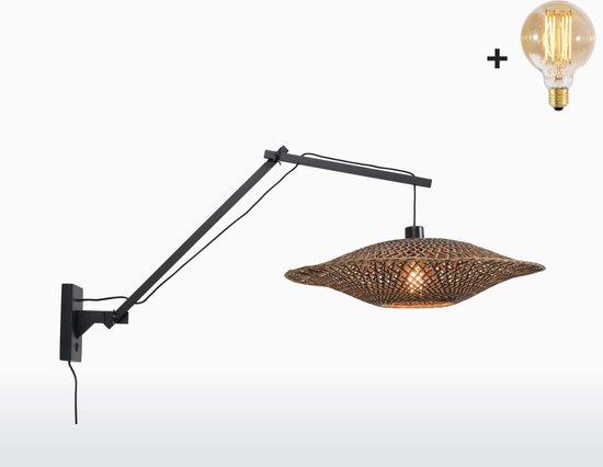 Wandlamp met Lange Arm - BALI - Zwart Bamboe - Medium (60x15cm) - Met LED-lamp