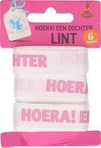 Wit lint | tekst roze letters Hoera! een dochter | lengte ca. 6 meter
