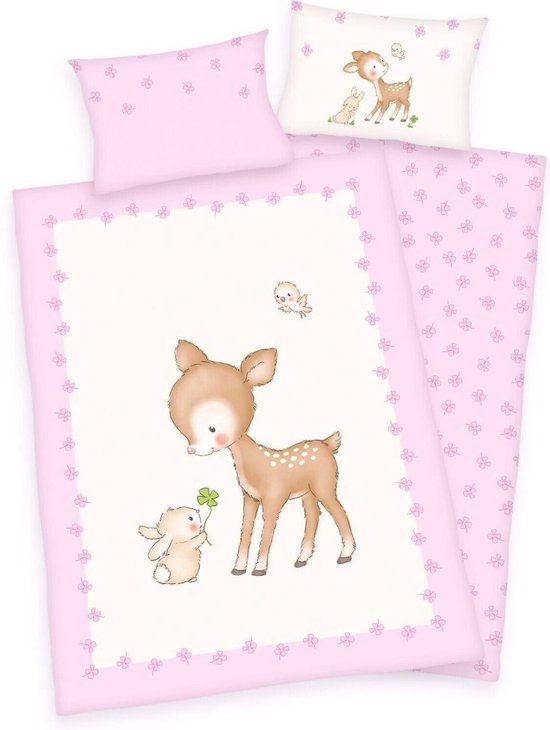 Ledikant / baby / meisjes dekbedovertrek (dekbed hoes) wit - roze met lief  hertje en... | bol.com