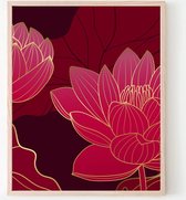 Poster Rood Gouden Lotus Middel - 70x50cm - Planten / Bloemen - Muurdecoratie