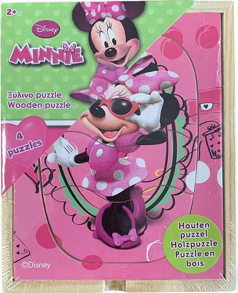 Disney Minnie mouse puzzel 4stuks in een houten kistje - Puzzel - vanaf 2 Jaar L15xB12H3