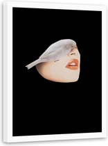 Foto in frame , Half vrouwen gezicht met vogel ,70x100cm , wit beige , wanddecoratie