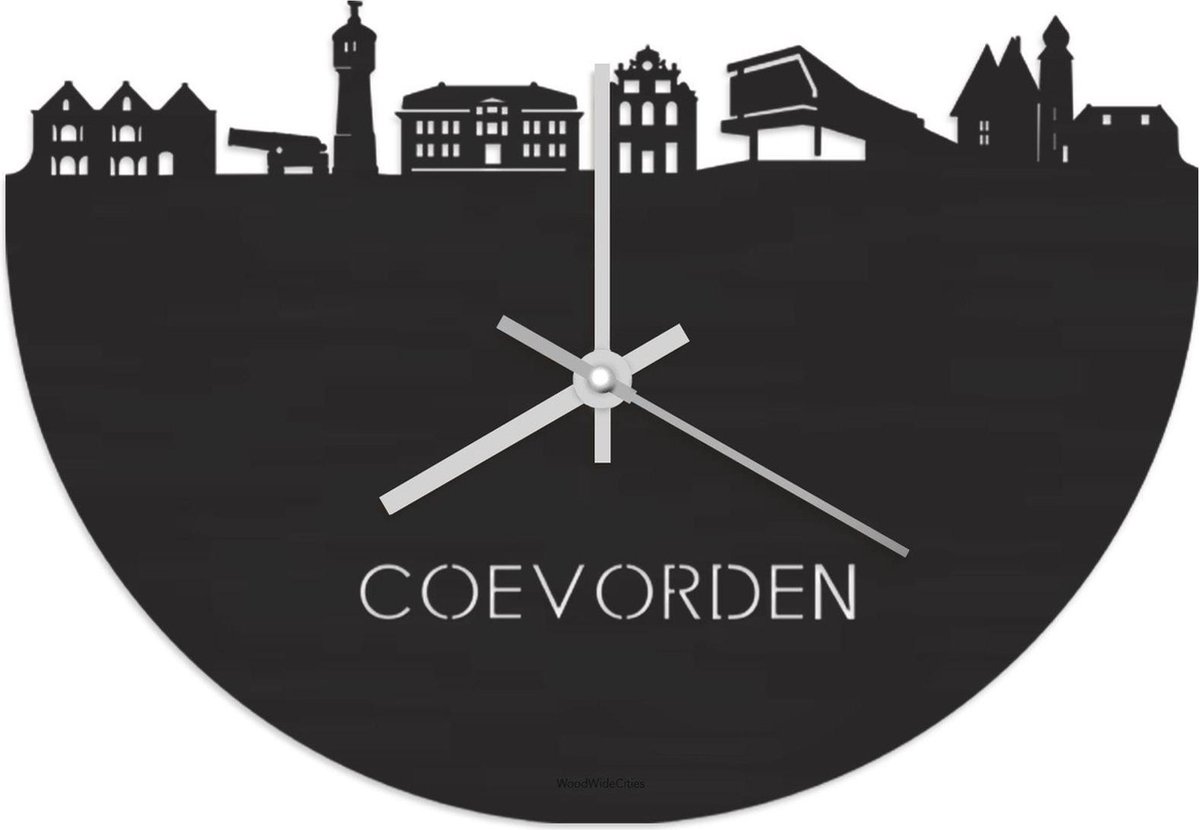 Skyline Klok Coevorden Zwart hout - Ø 40 cm - Stil uurwerk - Wanddecoratie - Meer steden beschikbaar - Woonkamer idee - Woondecoratie - City Art - Steden kunst - Cadeau voor hem - Cadeau voor haar - Jubileum - Trouwerij - Housewarming -
