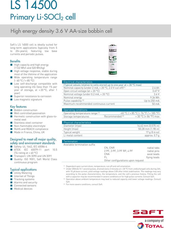Saft LS14500 - SL-760 - AA 3,6V Lithium Batterij - Saft