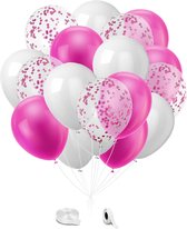 Roze, Wit & Confetti Ballonnen met Lint - 24 stuks - Baby shower - Gender Reveal - Verjaardag Versiering