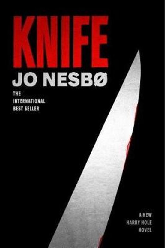 Boek cover van 'Knife' door Jo Nesbø, met rode letters en een scherp mes.
