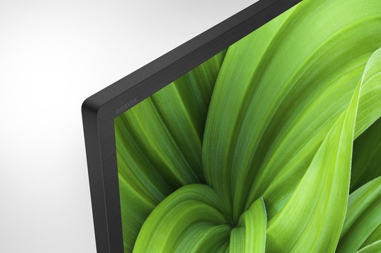 Detail van de zijkant van een Sony Bravia TV met de gekleurde huizen van Cinque Terre op het scherm.