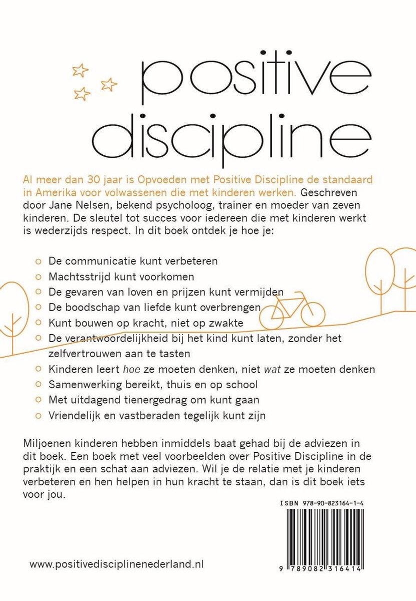 Boekomslag met tekst 'Opvoeden met Positive Discipline' en lijst met voordelen, met illustratie van bomen en een fiets.