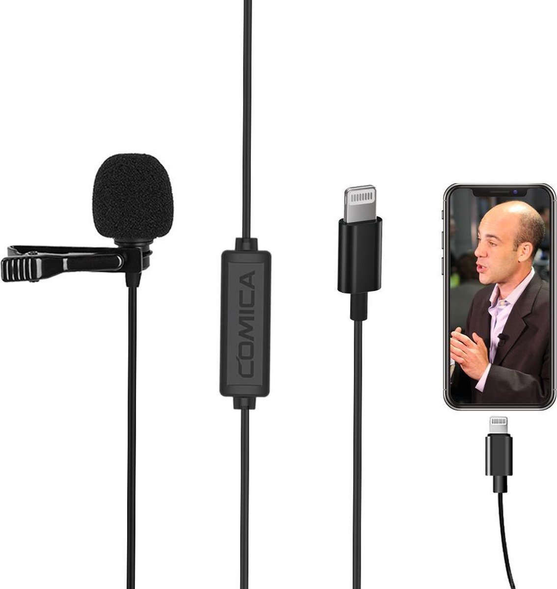 Comica CVM-V01SP (MI) speldmicrofoon met Lightning aansluiting voor iPhone en iPad — 2,5 meter kabel dasspeld microfoon met plopkap — iPhone 14 / 13 / 12 / 11 — Zwart