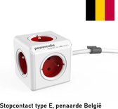 DesignNest PowerCube Extended stekkerdoos - 3 meter kabel - Wit/Rood - 4 stopcontacten - Type E met aardepin (België\/Frankrijk)