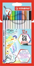 STABILO Pen 68 - Premium Brush Viltstift - Met Flexibele Penseelpunt - Etui Met 12 Verschillende Kleuren