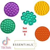 ESSENTIALS73 POP IT Fidget Toy - Set van 5 Rond + Bloem: Groen - Geel - Paars - Oranje - Tiktok