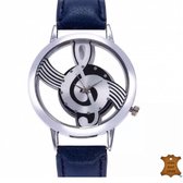 Horloge - G sleutel -blauw -Leer- Zilverkleur-Extra batterij- Charme- Bijoux