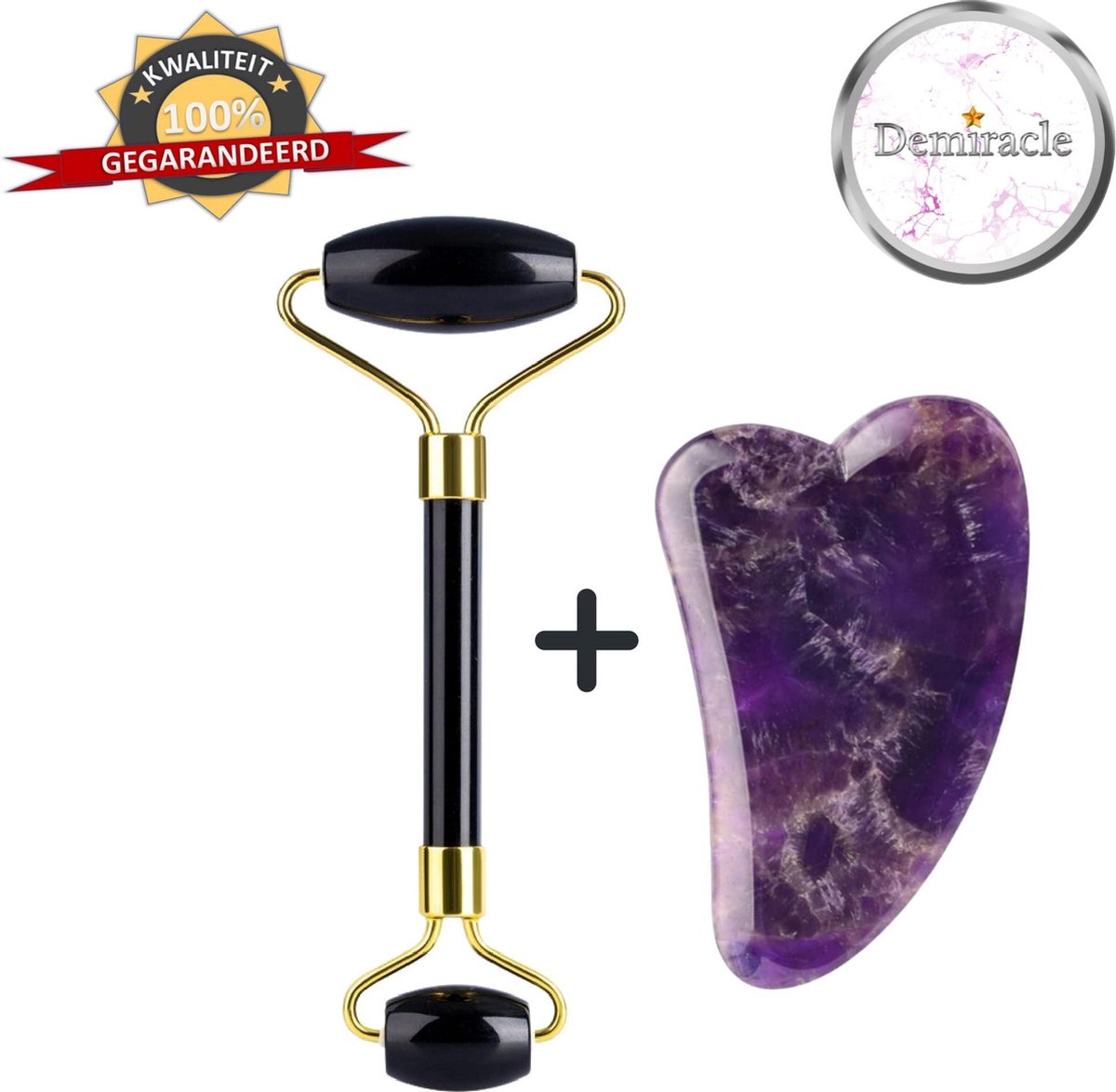 Demiracle Black Obsidian Face Roller met Amethist Gua Sha Schraper - Valentijnsdag - Cadeau - Gezichtsroller - Massage Roller - Jade Roller - Rimpelverwijdering - Ontspanning - Kwaliteit