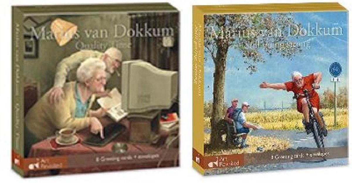 Marius van Dokkum. Set van 2 kaartenmapjes met dubbele wenskaarten Still going strong - Quality time ( totaal 16 kaarten)