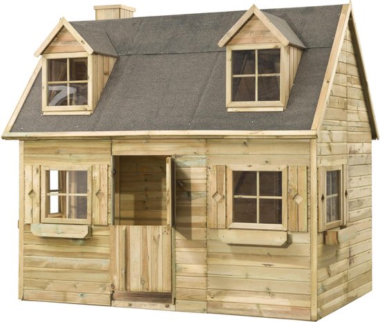 Houten speelhuis met schuin dak, dakkapellen, schoorsteen, ramen en deuren.