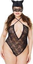 Kitty Lace Crotchless Teddy with Cat Mask - Black