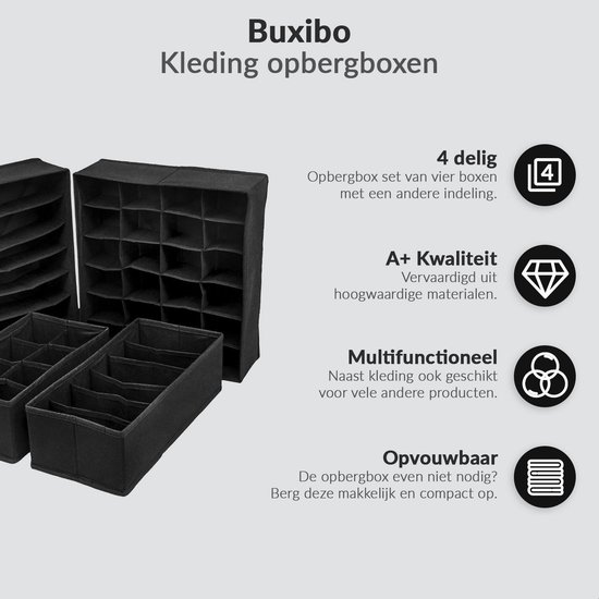 Zwarte Buxibo kleding opbergboxen met verschillende indelingen: 4-delig, A+ kwaliteit, multifunctioneel en opvouwbaar.