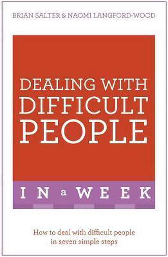Boekomslag: Dealing With Difficult People In A Week, oranje vlak met witte tekst, paarse balk onderaan.