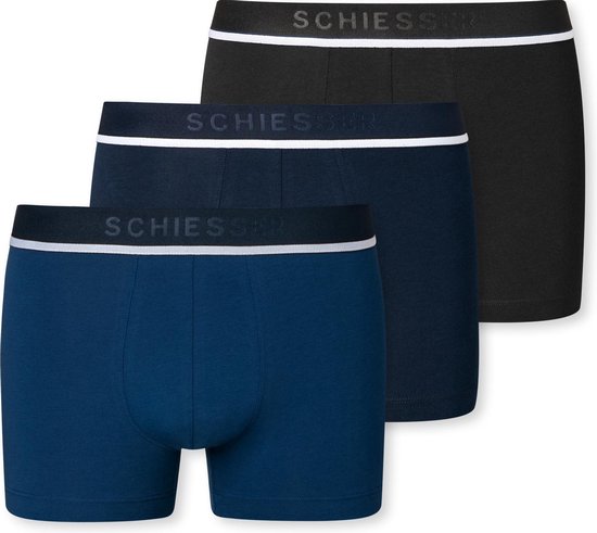 Trois boxers : noir, bleu foncé et gris. Tous avec logo SCHIESSER sur la ceinture.