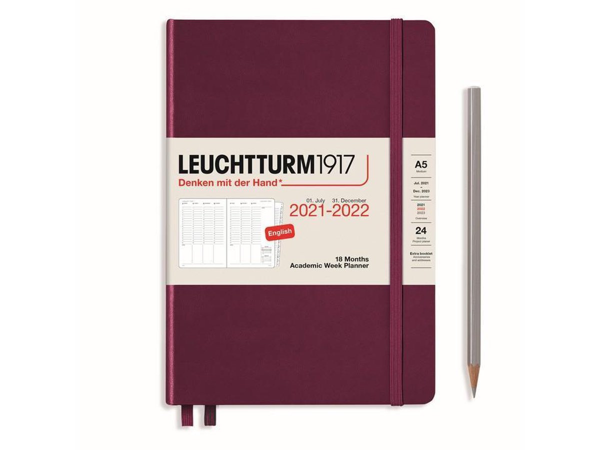 Leuchtturm - Agenda en Notities - 2021-2022 - Academische weekplanner - 18 maanden - A5 - 14,5 x 21 cm - Hardcover - Port Rood