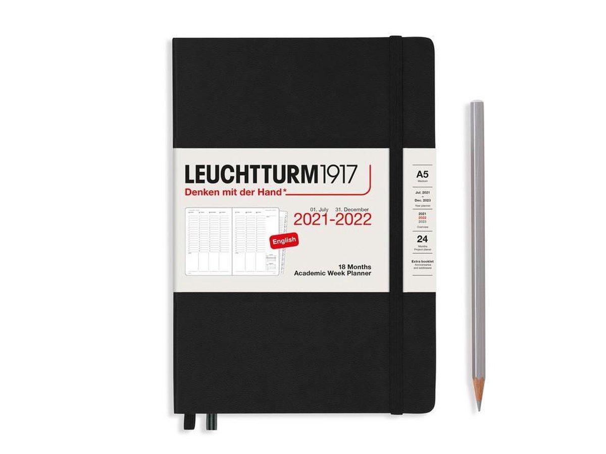 Leuchtturm - Agenda en Notities - 2021-2022 - Academische weekplanner - 18 maanden - A5 - 14,5 x 21 cm - Hardcover - Zwart
