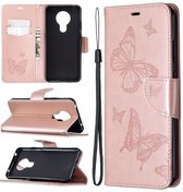 Voor Nokia 5.3 Two Butterflies Embossing Pattern Horizontale Flip Leather Case met houder & kaartsleuf & portemonnee & lanyard (goud)