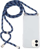 Voor iPhone 12 mini vierhoekige schokbestendige transparante TPU-hoes met draagkoord (blauw wit)