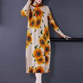 Wollen jurk met grote bloemen en lange mouwen, hoge hals, gebreide rok (kleur: abrikoos, maat: XXXL)-Geen