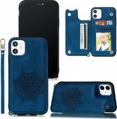 Voor iPhone 11 Pro Mandala reliëf PU + TPU hoesje met houder & kaartsleuven & fotolijst & draagriem (blauw)