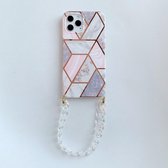 Galvaniserende splicing TPU-beschermhoes met kettingriem voor iPhone 11 (roze wit)