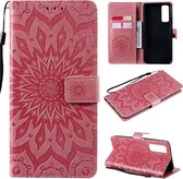 Voor Huawei P Smart 2021 Sun Embossing Pattern Horizontale Flip Leather Case met Card Slot & Holder & Wallet & Lanyard (Pink)