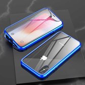 Voor iPhone XR Ultraslank Dubbelzijdig Magnetisch Adsorptie Hoekig Frame Gehard Glas Magneet Flip Case (Blauw)