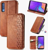 Voor Samsung Galaxy A7 (2018) Cubic Grid Pressed Horizontal Flip Magnetic Leather Case met houder & kaartsleuven & portemonnee (bruin)
