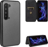 Voor Sharp Aquos R5G Koolstofvezel Textuur Magnetische Horizontale Flip TPU + PC + PU lederen tas met kaartsleuf (zwart)