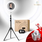 YURDA - Professionele ringlamp met statief - Inclusief telefoonhouder en draadloze afstandsbediening - Ringlamp - Verstelbare hoogte tot 180 cm - 3 kleuren en 11 lichtstanden - 360 graden dra