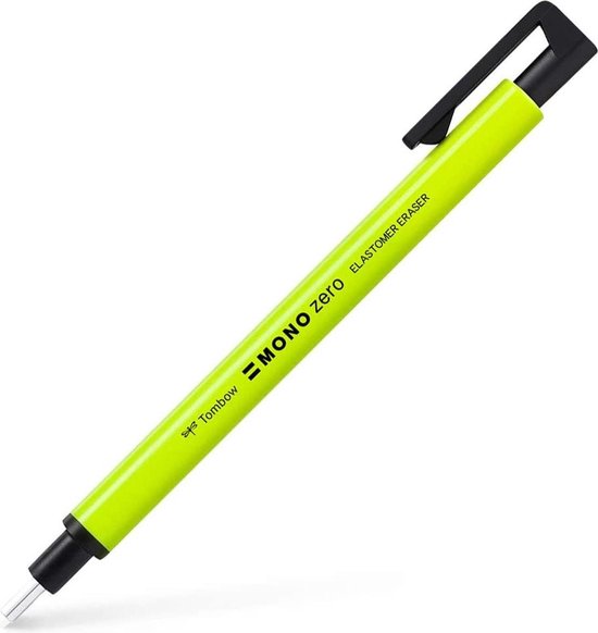 Schuin staande neon gele Tombow Mono Zero gum met zwarte clip. Tekst: Tombow MONO zero ELASTOMER ERASER.