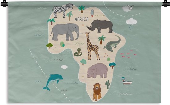 Wandkleed Wereldkaart met dieren - Groene kaart van Afrika met dieren Wandkleed katoen 90x60 cm - Wandtapijt met foto