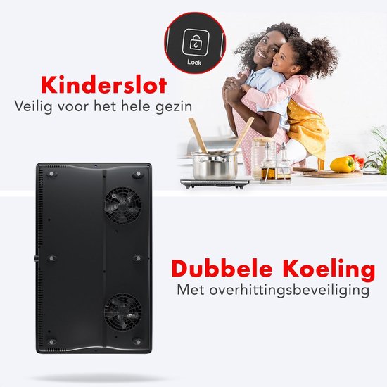 Zwart glazen inductie kookplaat met 'Kinderslot' symbool, met dubbele koeling aan de onderkant en een moeder met kind op de achtergrond.
