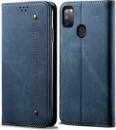 Voor Galaxy M30s denim textuur casual stijl horizontale flip lederen tas met houder en kaartsleuven en portemonnee (blauw)