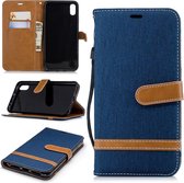 Kleurafstemming Denim Texture Leather Case voor Huawei Honor Play 8A, met houder & kaartsleuven & portemonnee & lanyard (donkerblauw)