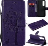 Voor Huawei Nova 7 Tree & Cat reliÃ«fpatroon Horizontale flip lederen tas met houder & kaartsleuven & portemonnee & lanyard (paars)