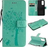 Voor Huawei Honor 30 Pro Tree & Cat reliÃ«fpatroon Horizontale flip lederen tas met houder & kaartsleuven & portemonnee & lanyard (groen)