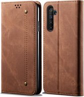 Voor oppo realme 6 pro denim textuur casual stijl horizontale flip lederen tas met houder en kaartsleuven en portemonnee (bruin)